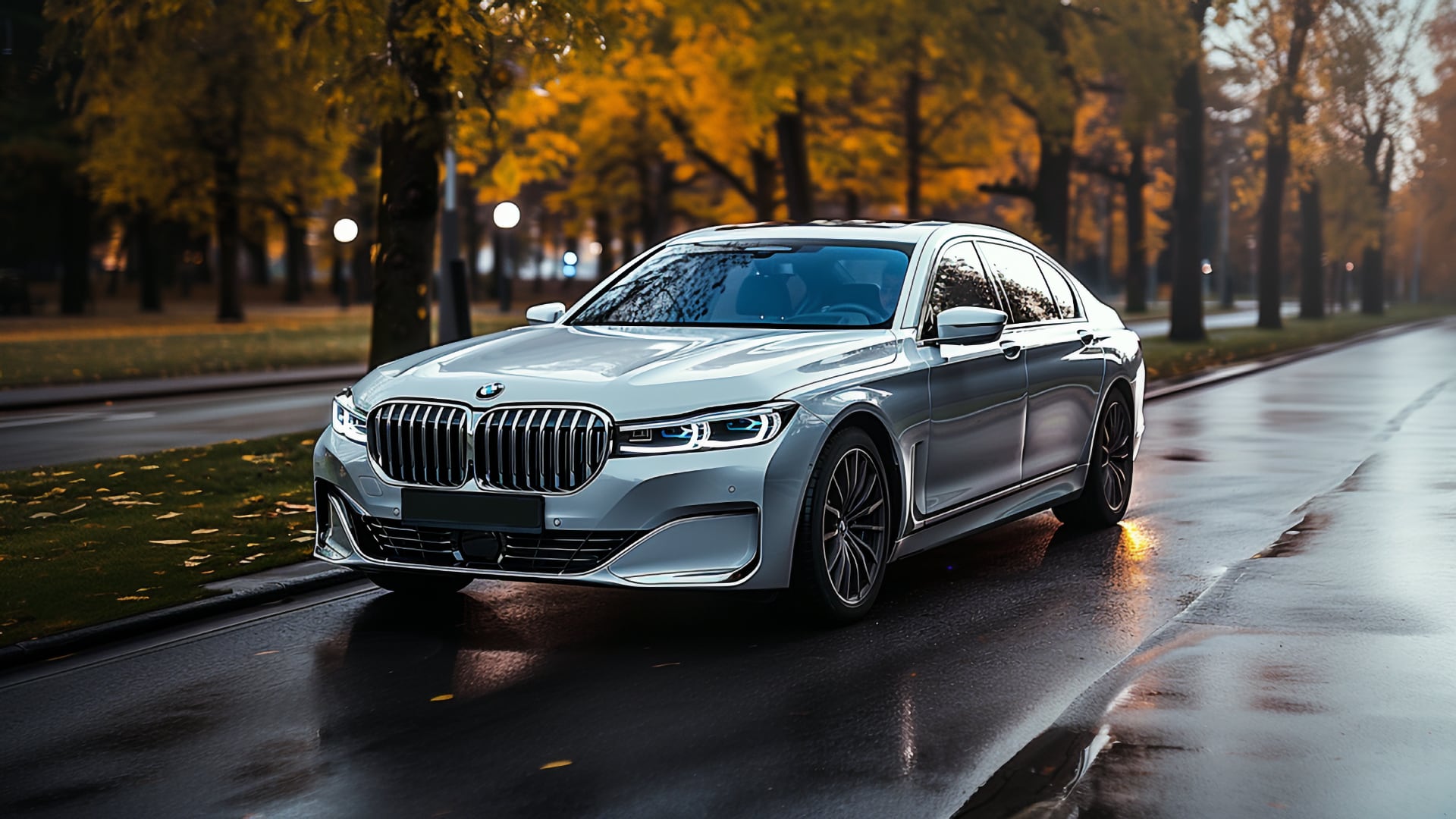 The BMW 7 Series, including years to avoid, is driving on a rainy day.|a silver car parked on the side of the road.