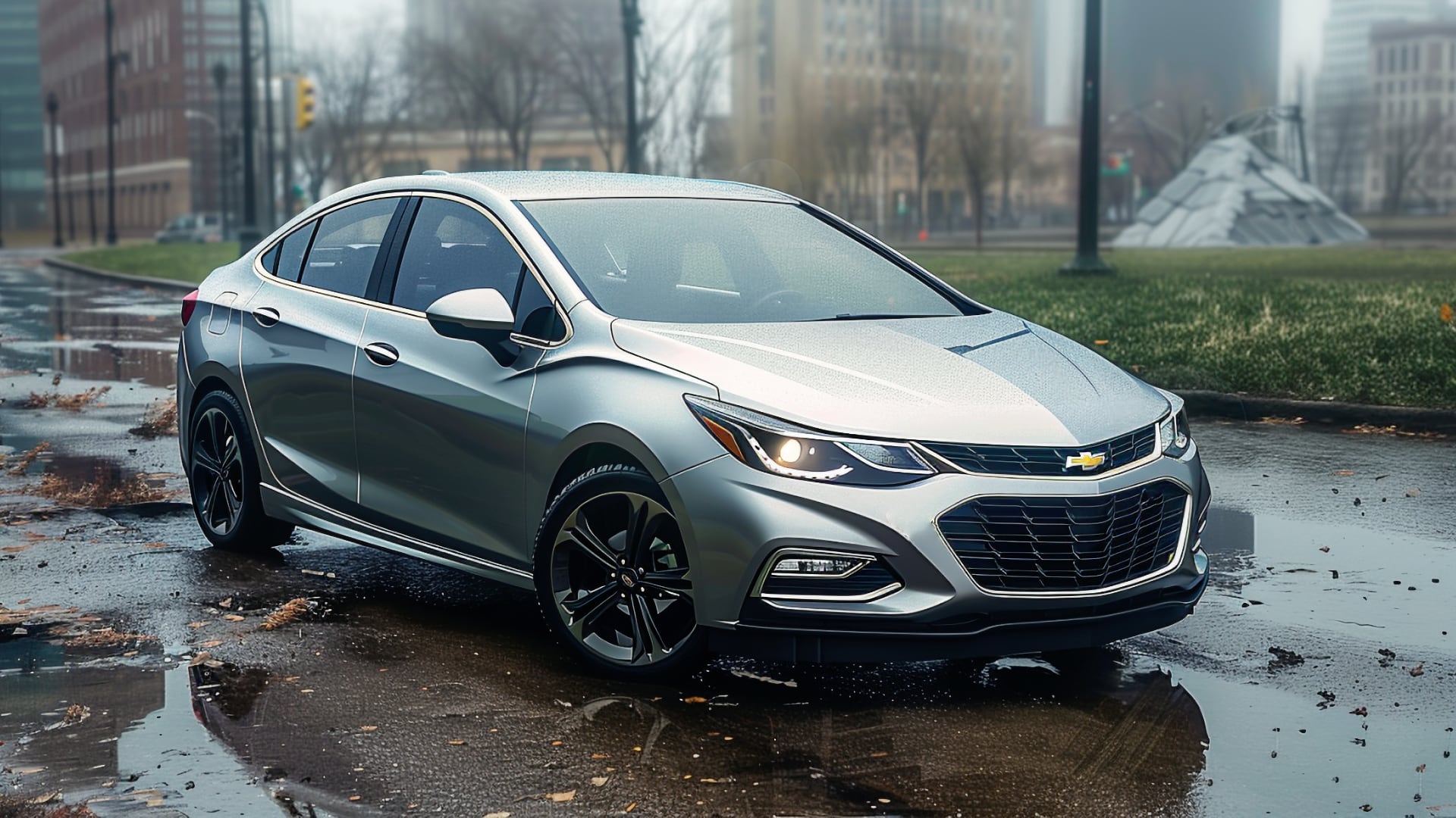 The 2019 Chevrolet Cruze, a Chevy Cruze year to avoid, is parked on a city street.|a white car is parked in a wooded area.