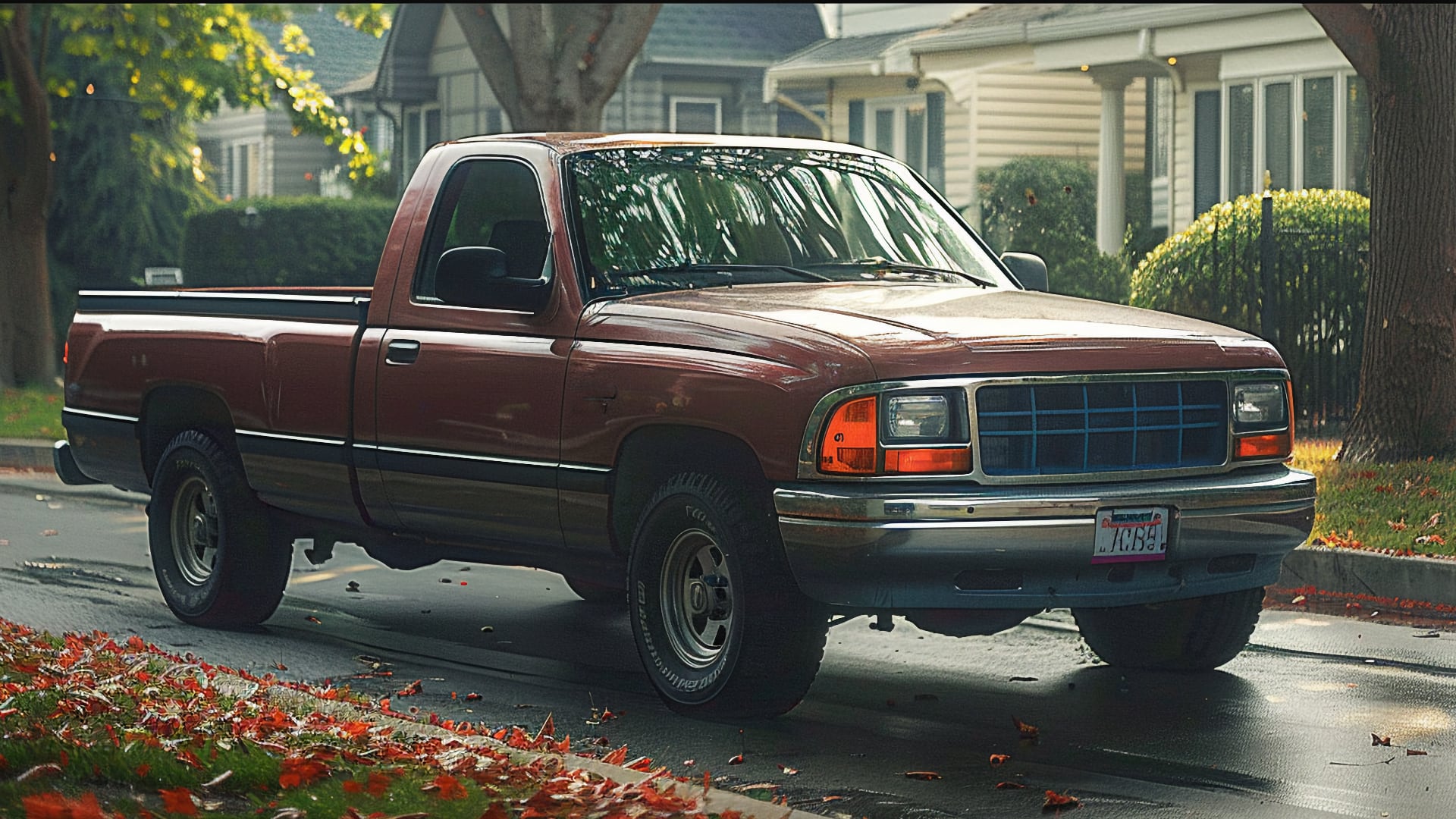A red Dodge Dakota pickup truck parked on a street.|a black pickup truck parked in a parking lot.
