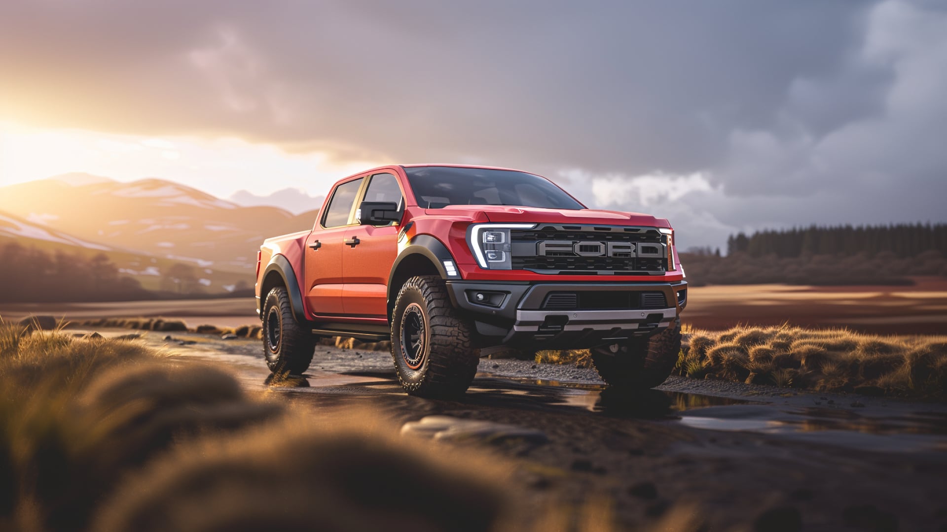 A red Ford truck on a dirt road.|a silver truck parked in a parking lot.