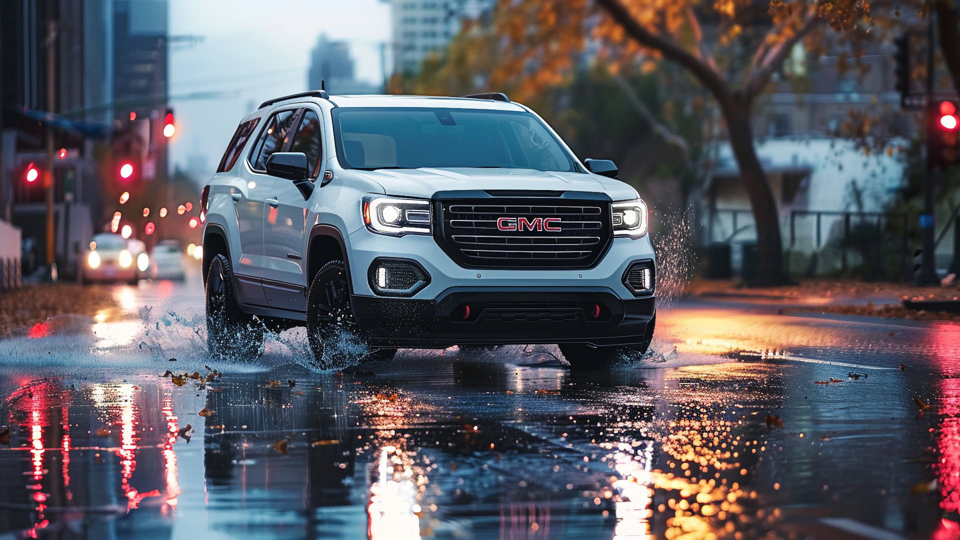 The 2019 GMC Terrain is driving on a wet street.|a black gmc suv driving through a river.