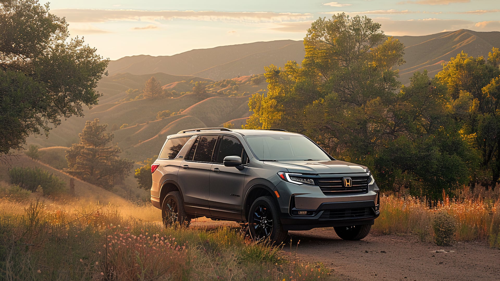 The 2020 Honda Pilot is moving down a dirt road.|a blue subarunt parked in front of a lake.