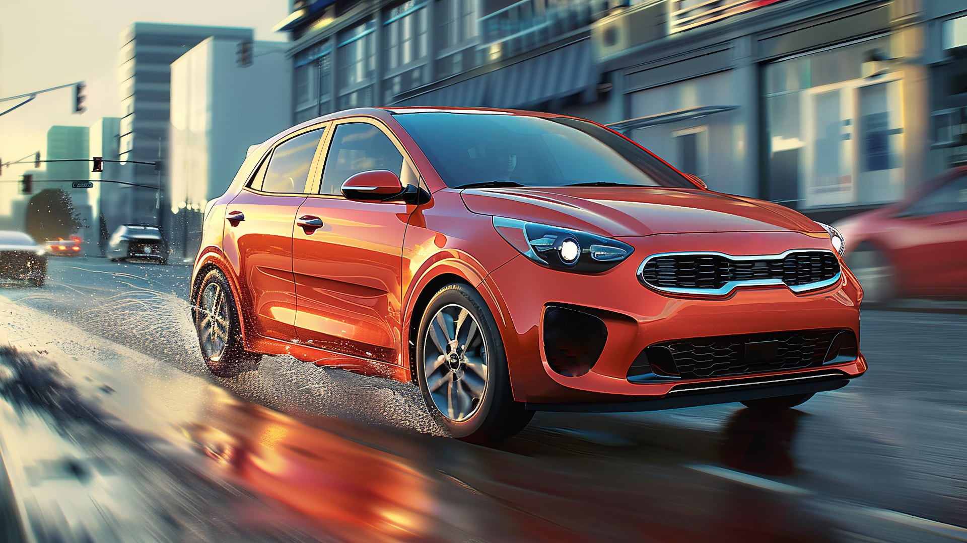 A 2019 Kia Rio driving down a city street.