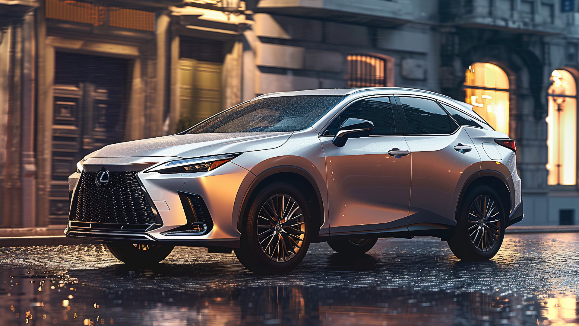 A silver Lexus parked on a wet road.|a beige suv parked on the side of the road.