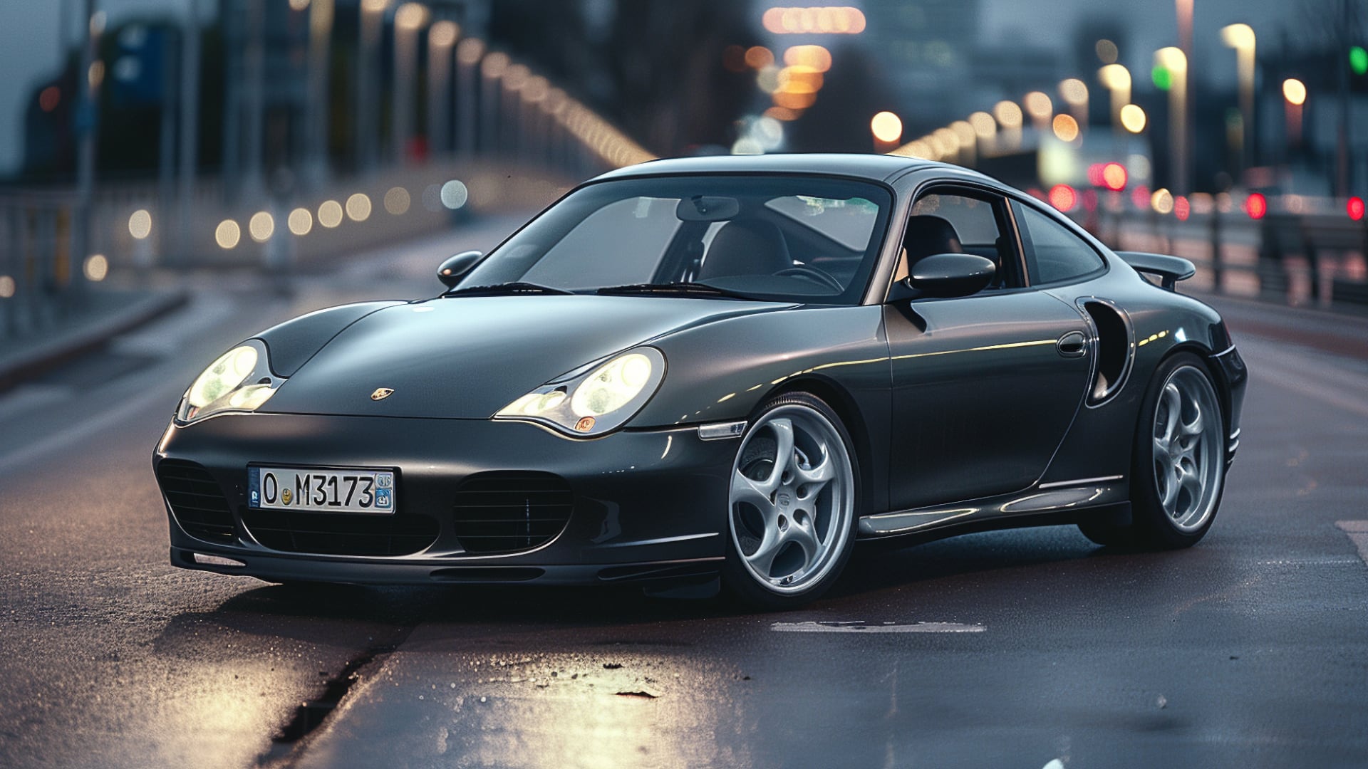 A black Porsche 996 911 GTS driving down the street at night.