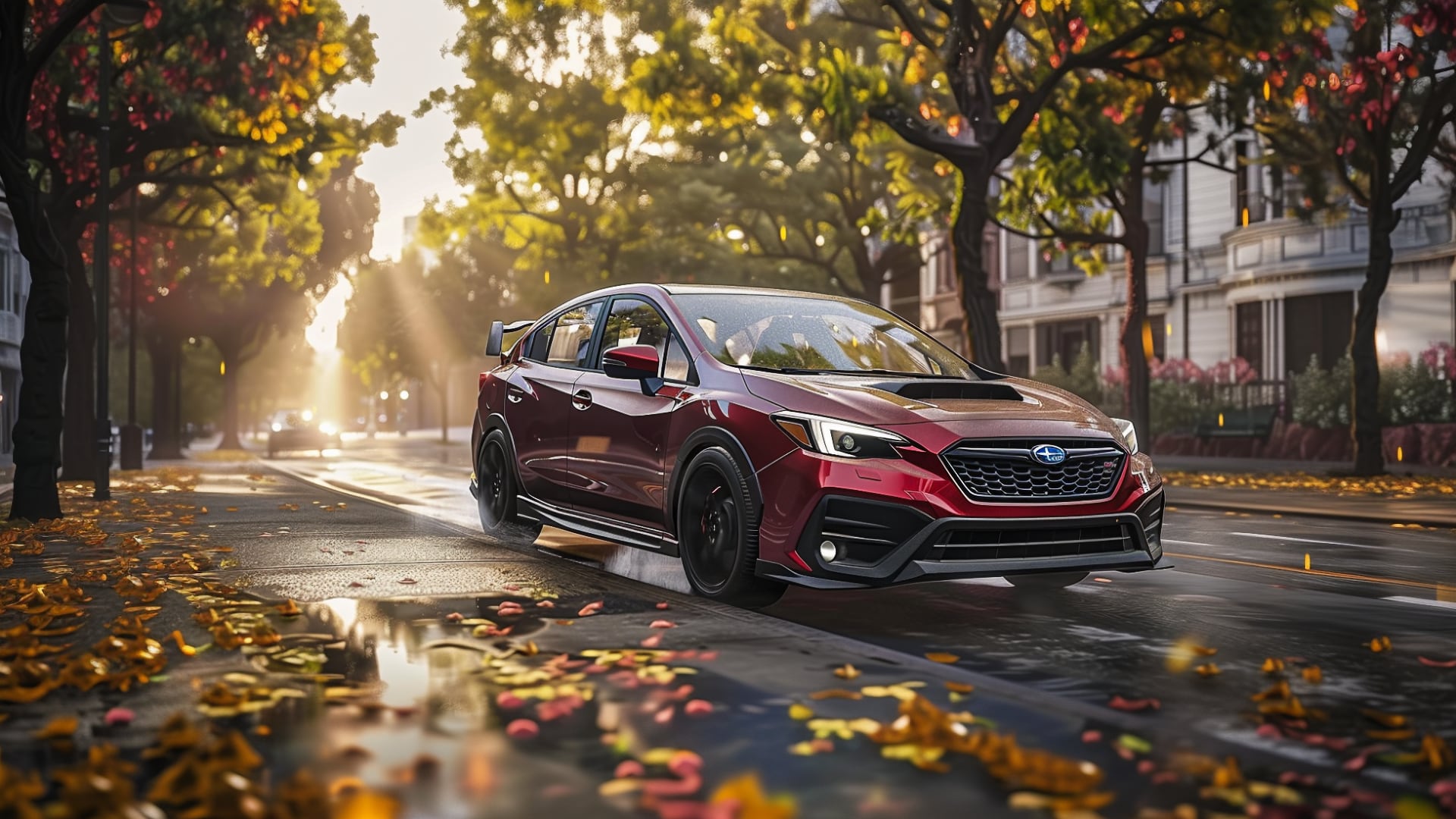 A red Subaru Impreza WRX, driving down a street in autumn.|a silver car driving down a road next to a forest.