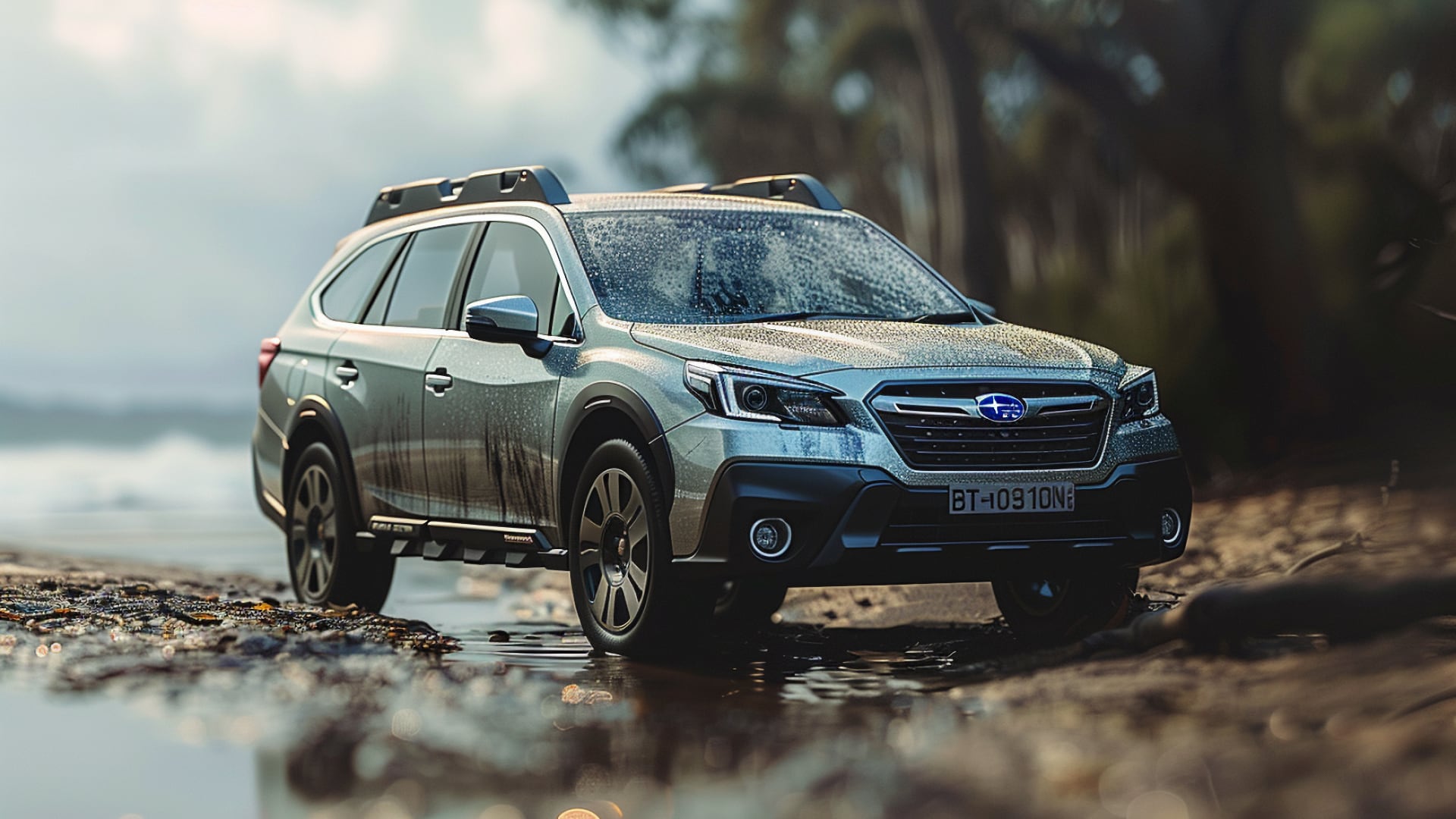 The 2019 Subaru Outback, a year to avoid, is parked in a muddy area.|a red subarunt is parked in a field.
