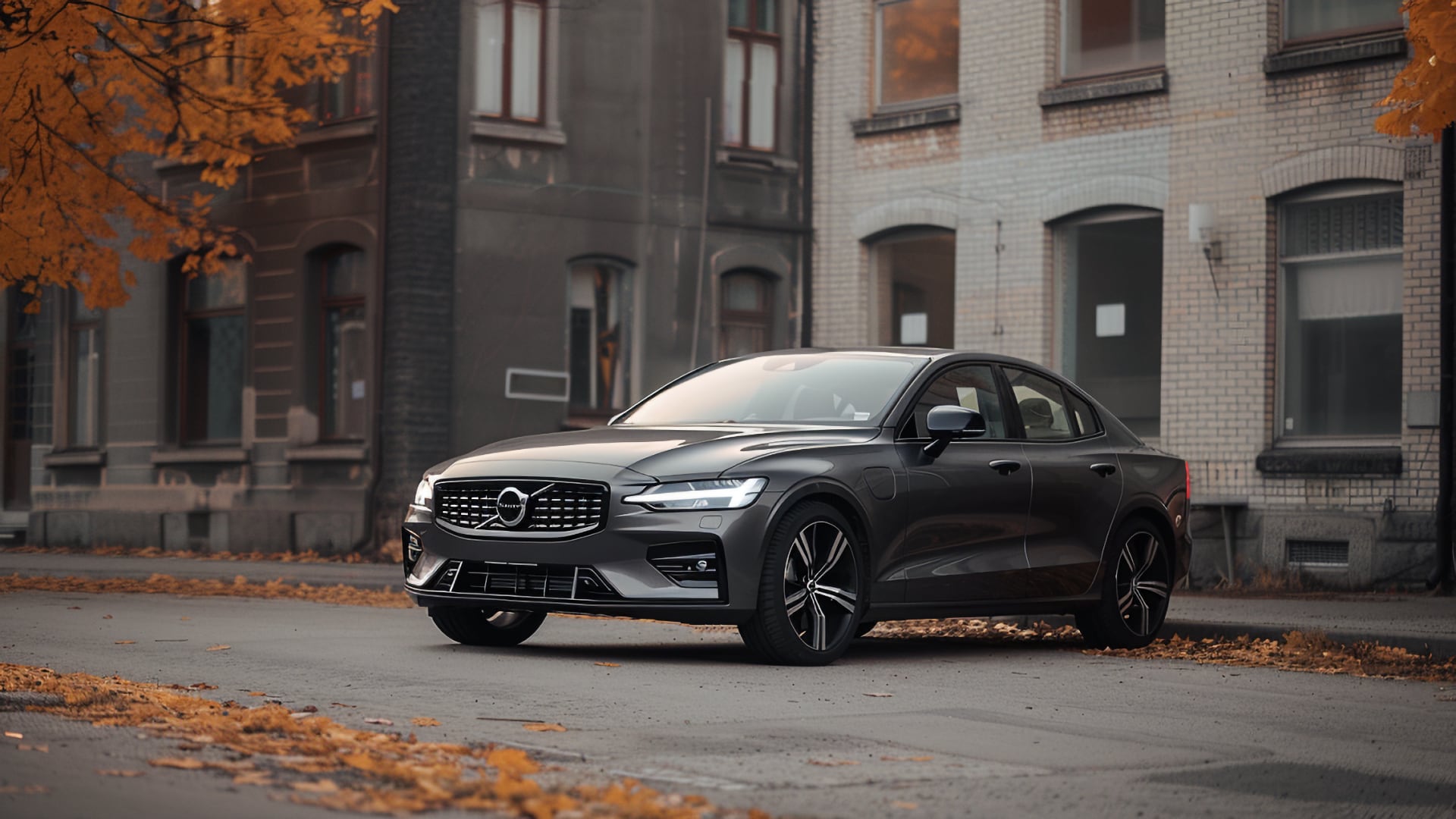 The Volvo S60 is parked in front of a building.|a silver volvo car parked in front of a mountain.