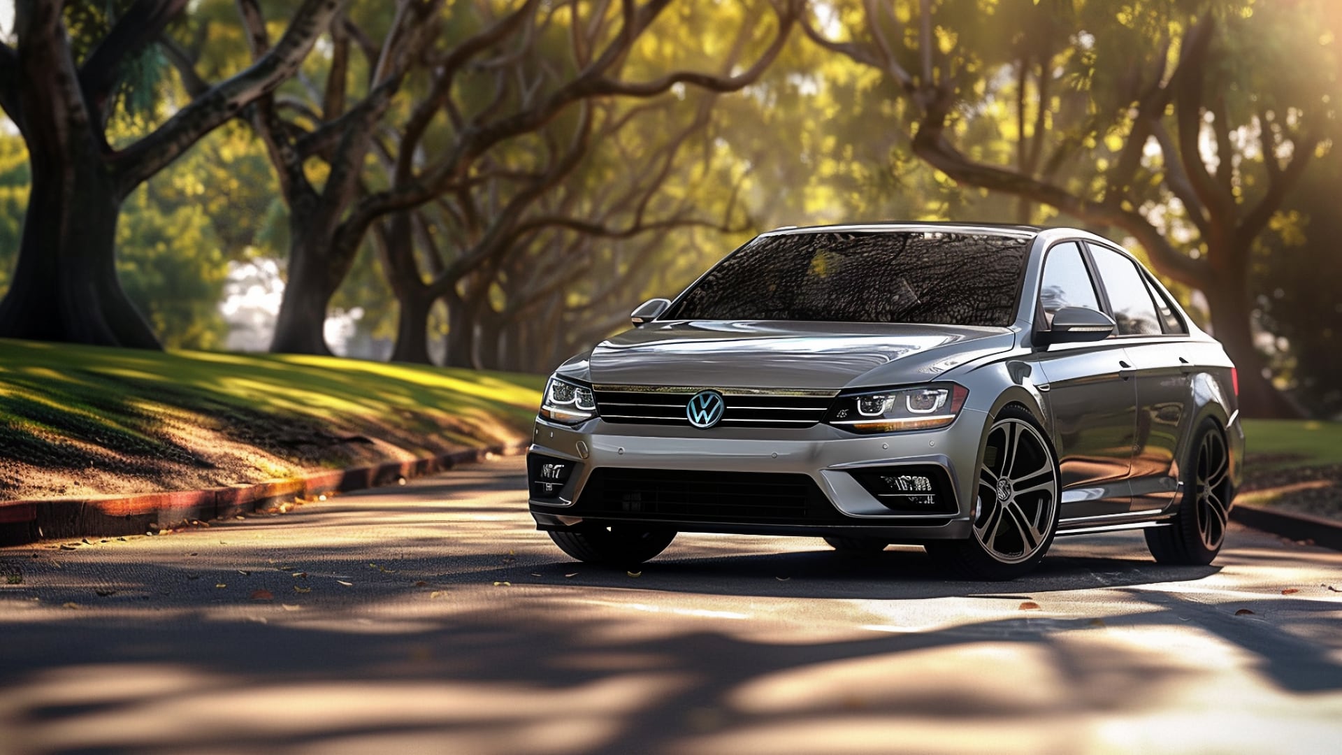 A silver VW Jetta is driving down a road.