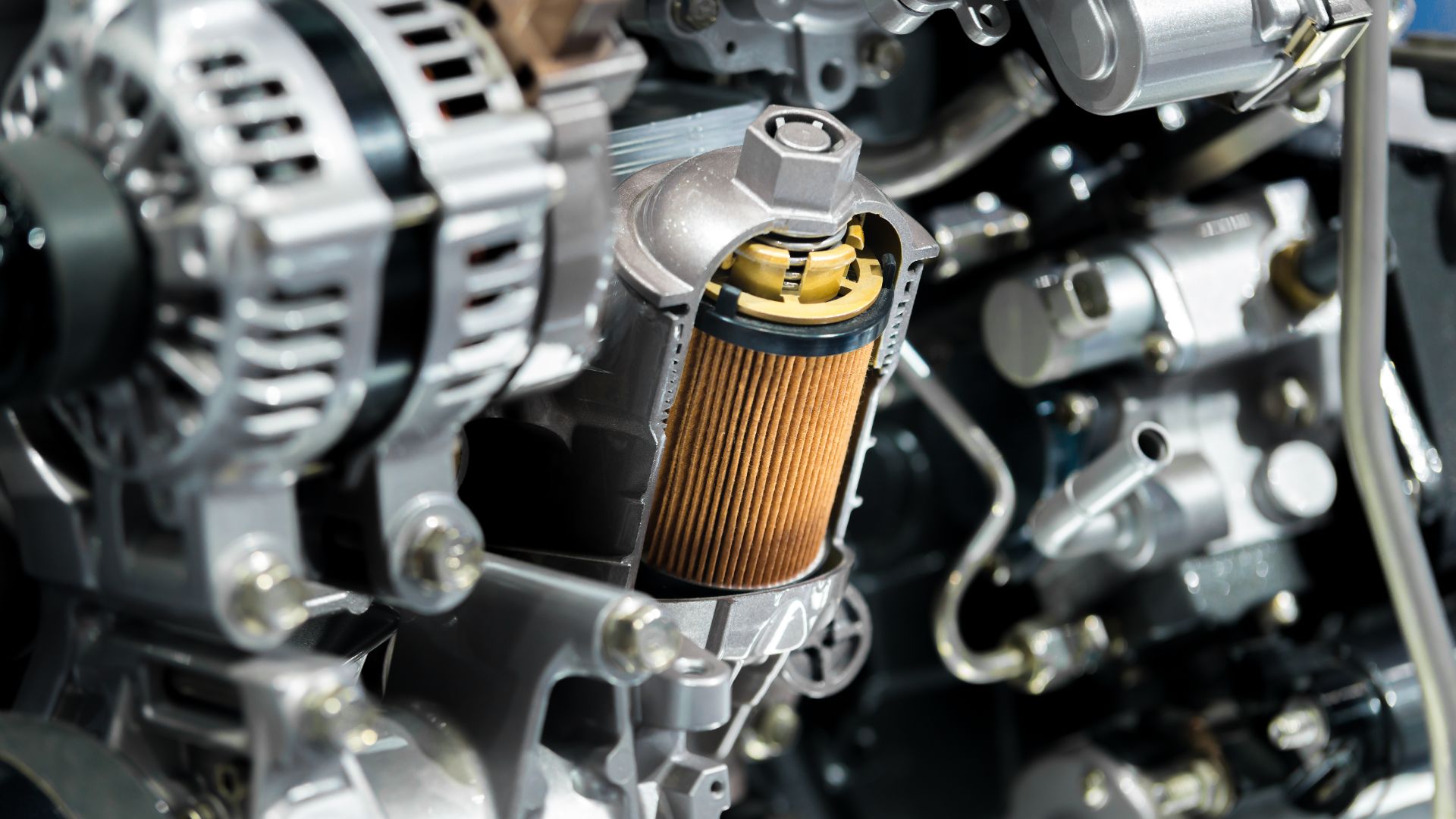 a close up of the engine of a motorcycle.|a man in a blue uniform is holding a filter.