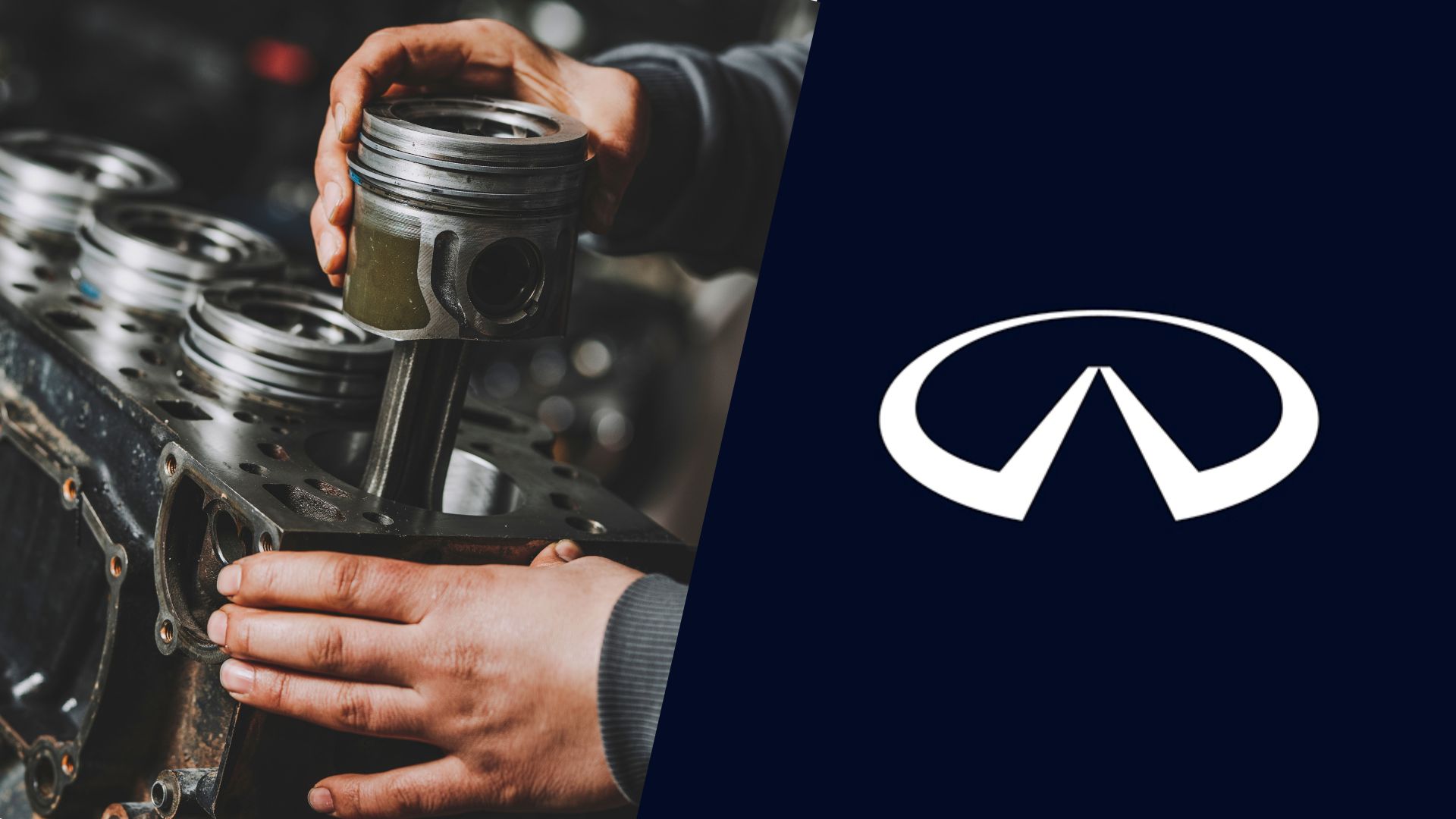 An infiniti logo with a man working on a car engine.|A white car with blue numbers on the hood.