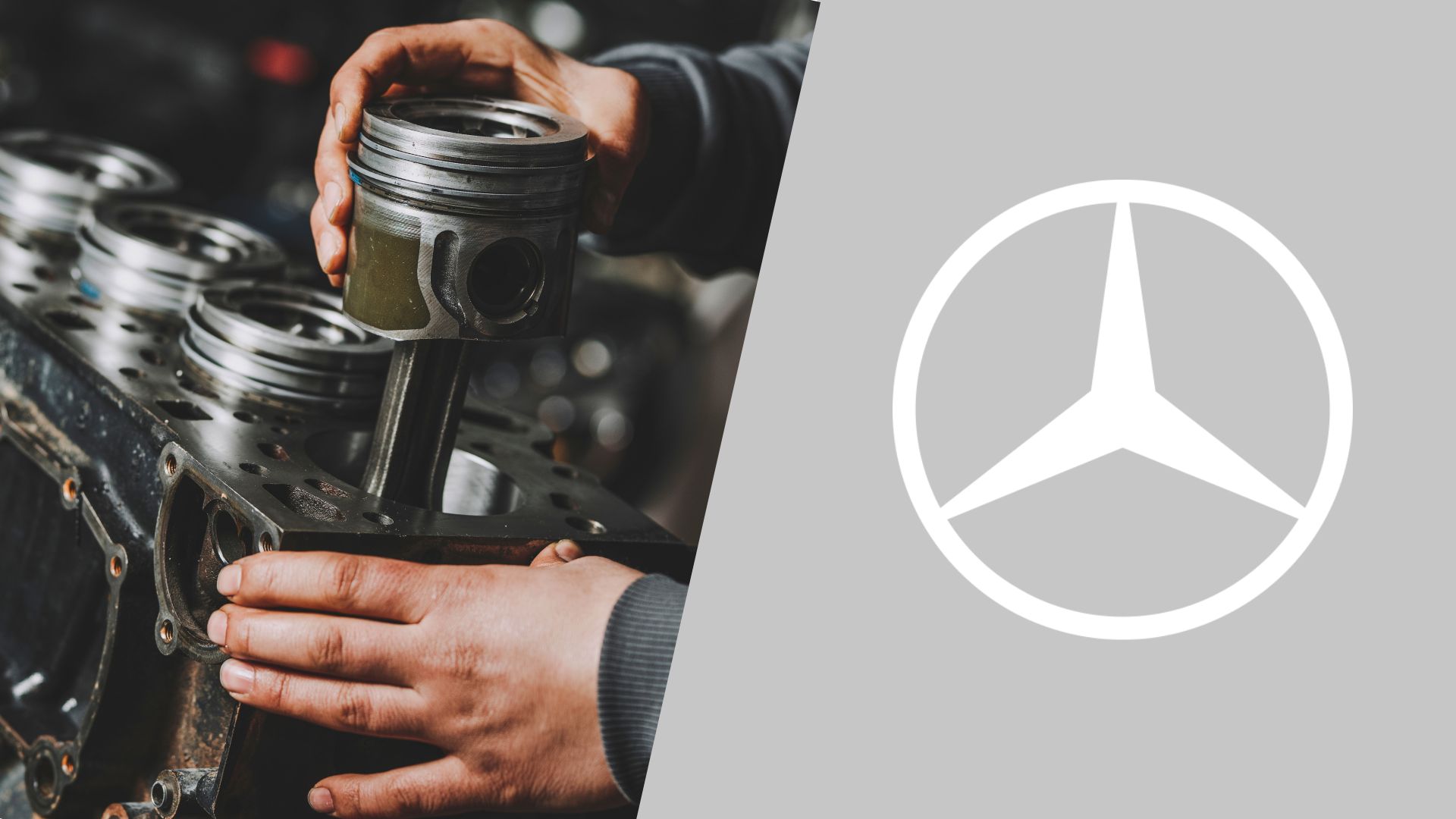 A man is working on a mercedes engine.|A white car with blue numbers on the hood.