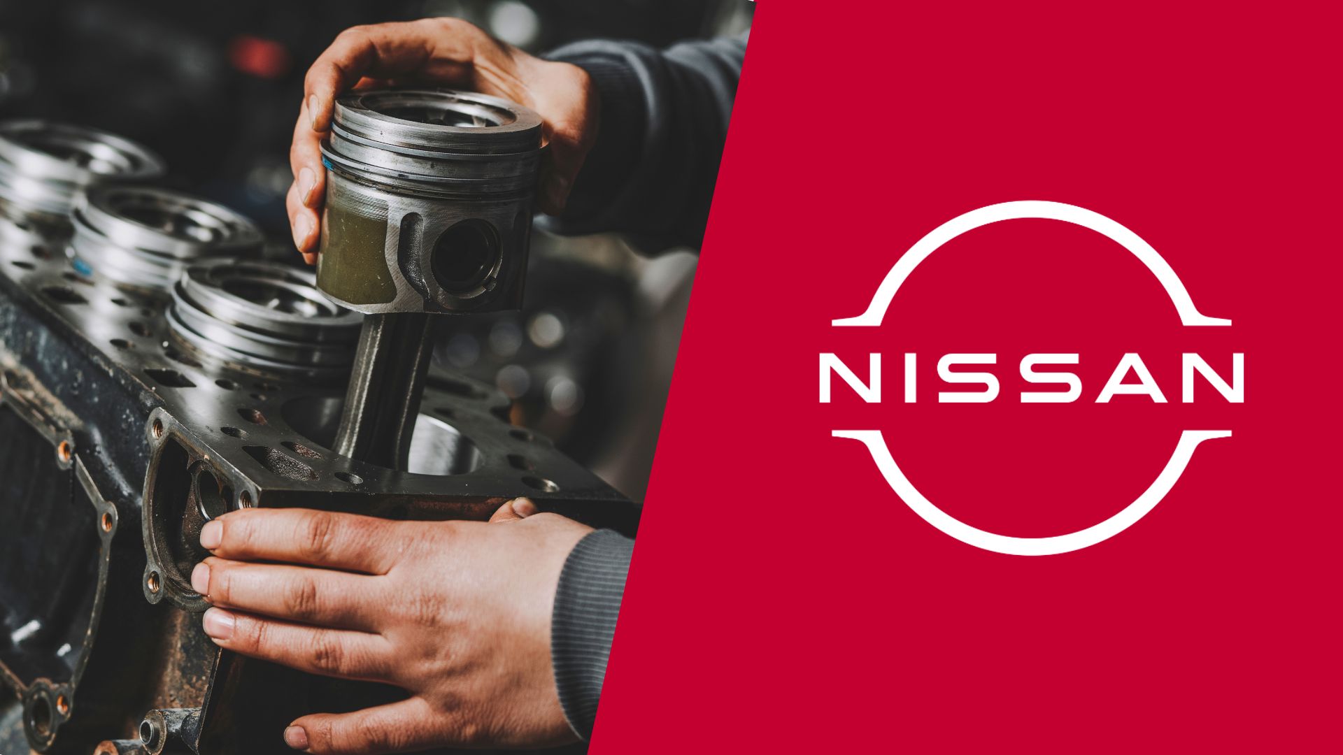 A man is working on a nissan engine.|A white tesla car with a number on it.|A white car with blue numbers on the hood.|A white tesla car with four numbers on it.