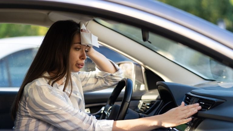 a woman sitting in a car with her hand on the steering wheel.