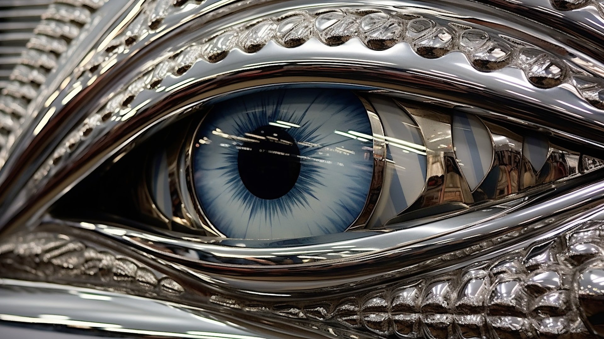 a close up of a metal object with a blue eye.