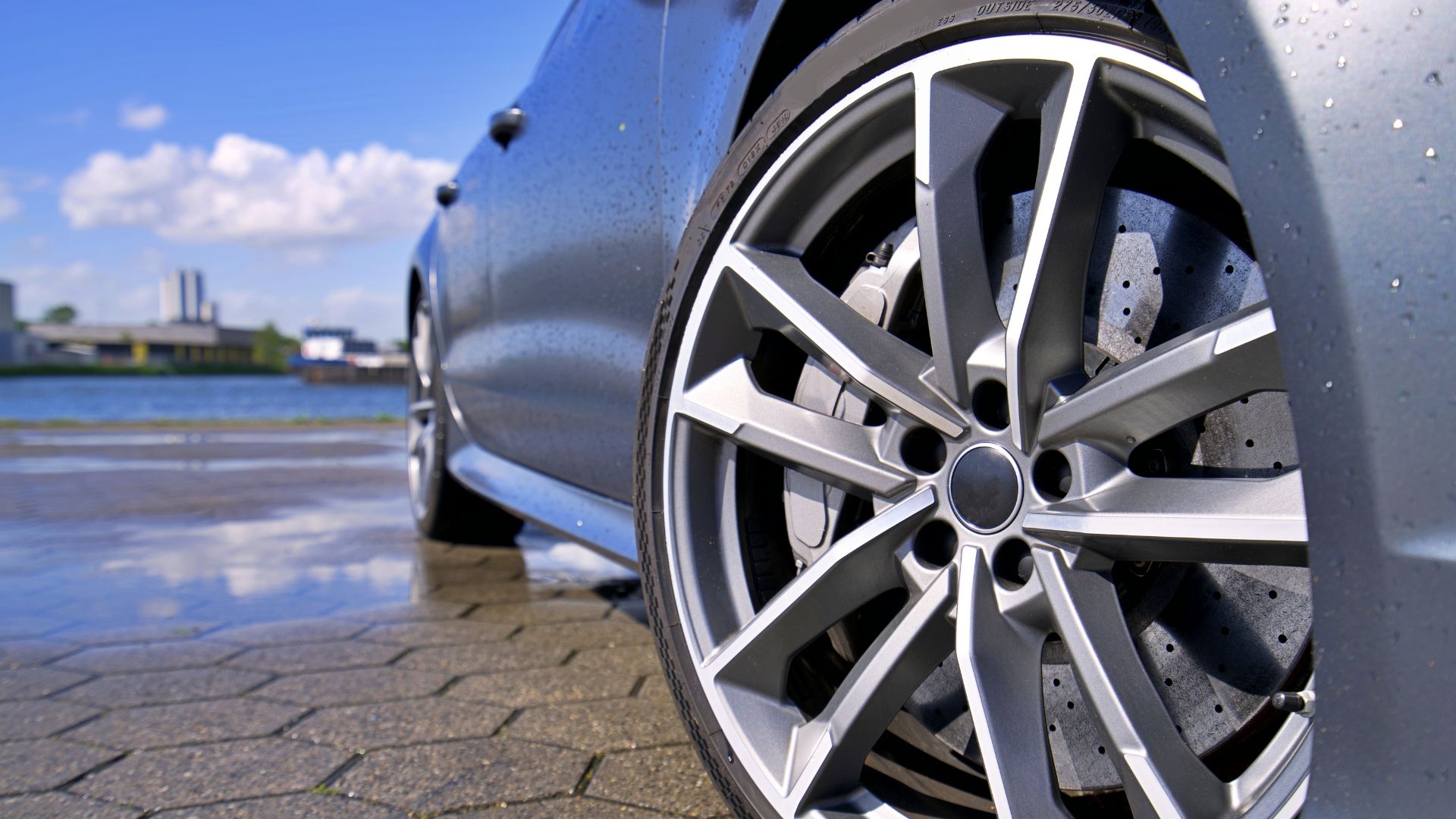 a close up of a tire on a car.