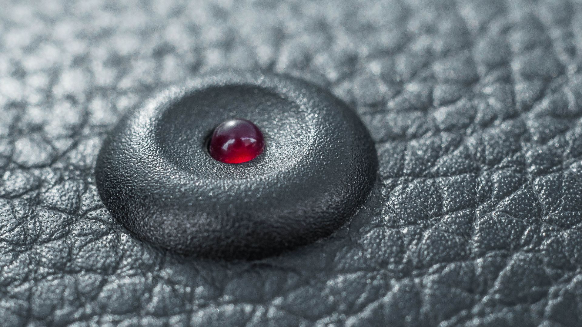 a close up of a water drop on a leather surface.