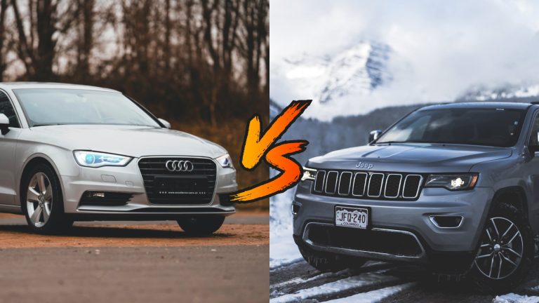 two different cars side by side on a snowy road.