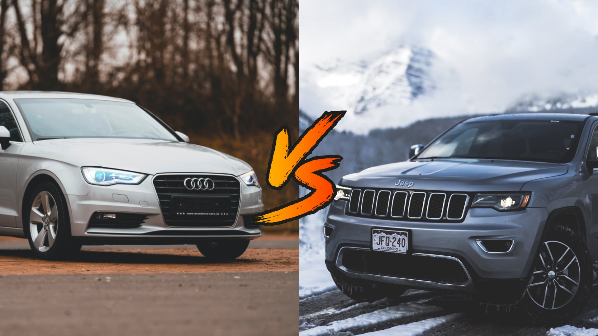 two different cars side by side on a snowy road.