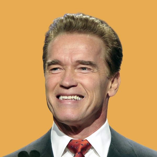 Arnold schwarzenegger is smiling in front of an orange background.