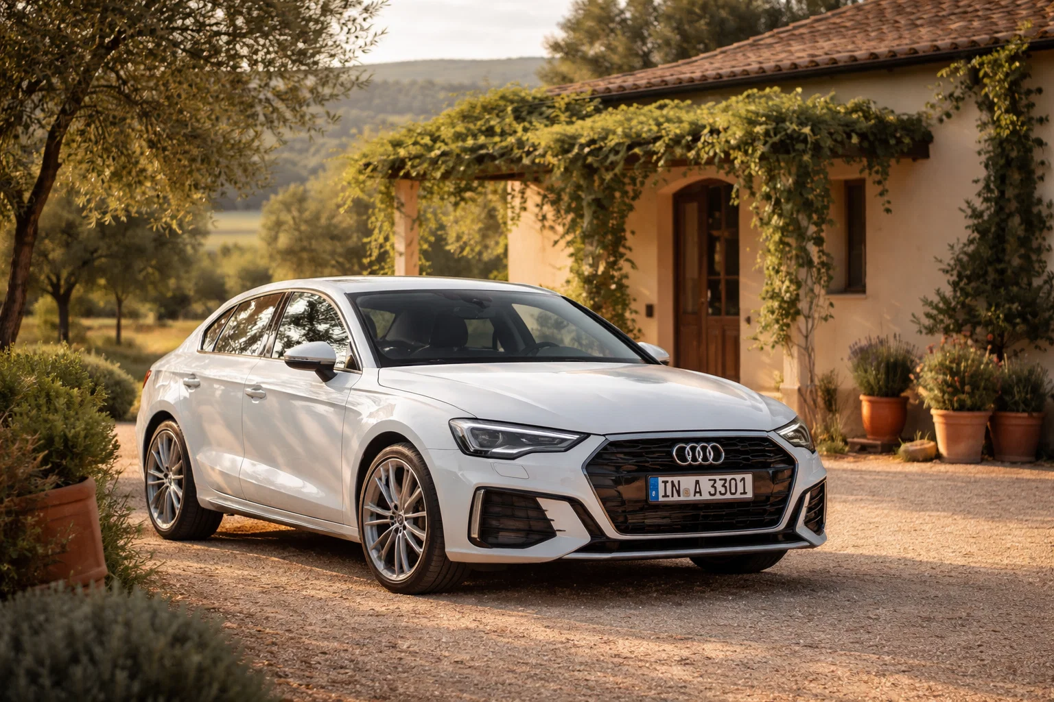 A white Audi A3 sedan, known for certain years to avoid, is parked on a gravel driveway in front of a house adorned with greenery and potted plants.
