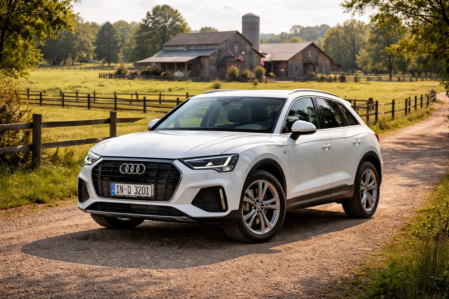 A white Audi Q3 SUV is parked on a dirt road beside a wooden fence, with a farmhouse and trees in the background—a perfect rural scene to showcase the Audi Q3's style, but always check for Audi Q3 years to avoid before buying used.