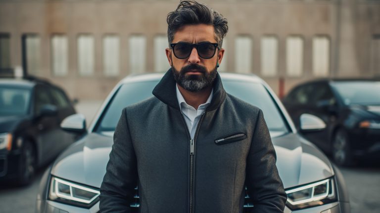 a man standing in front of a row of parked cars.