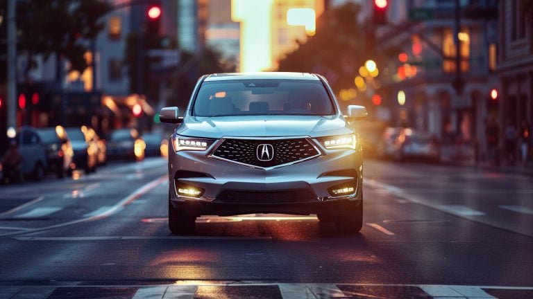 A 2019 Acura MDX cruising down a busy city street.