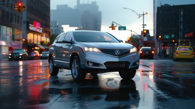 The Acura RDX, avoiding problematic years, is driving down a city street at night.