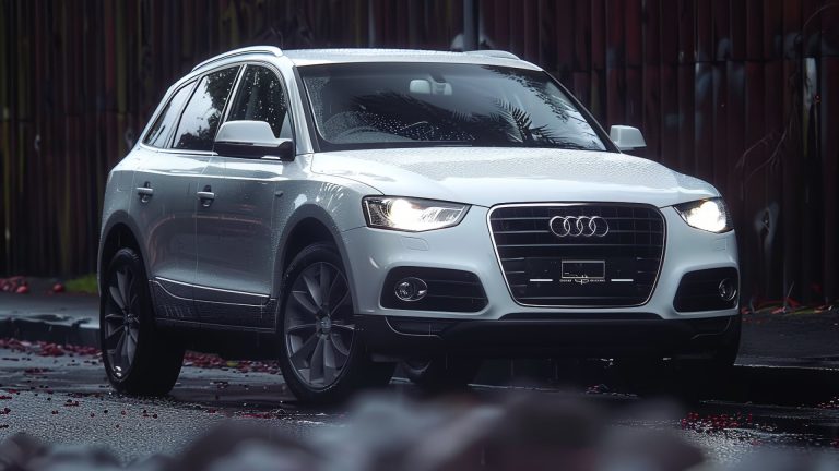 A white Audi SUV parked on a wet street.