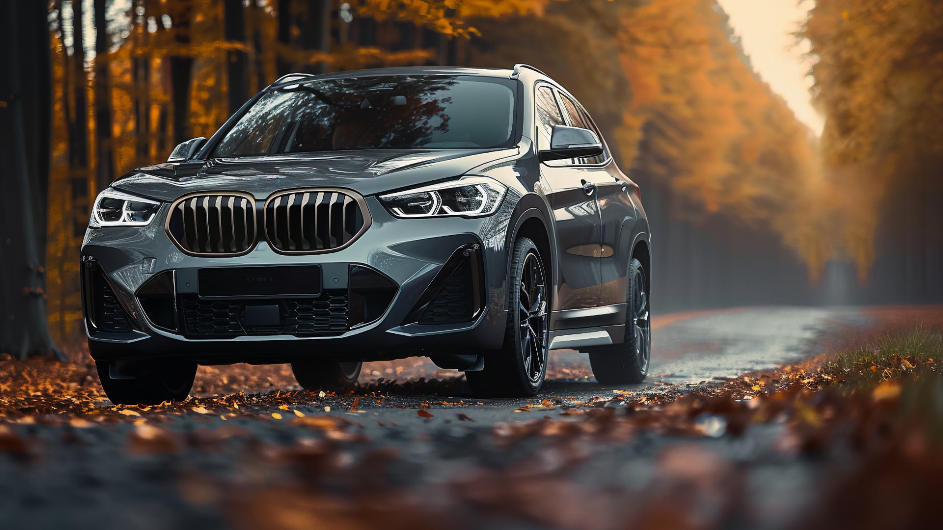 The 2019 BMW X1, one to avoid, is driving down the road in the fall.