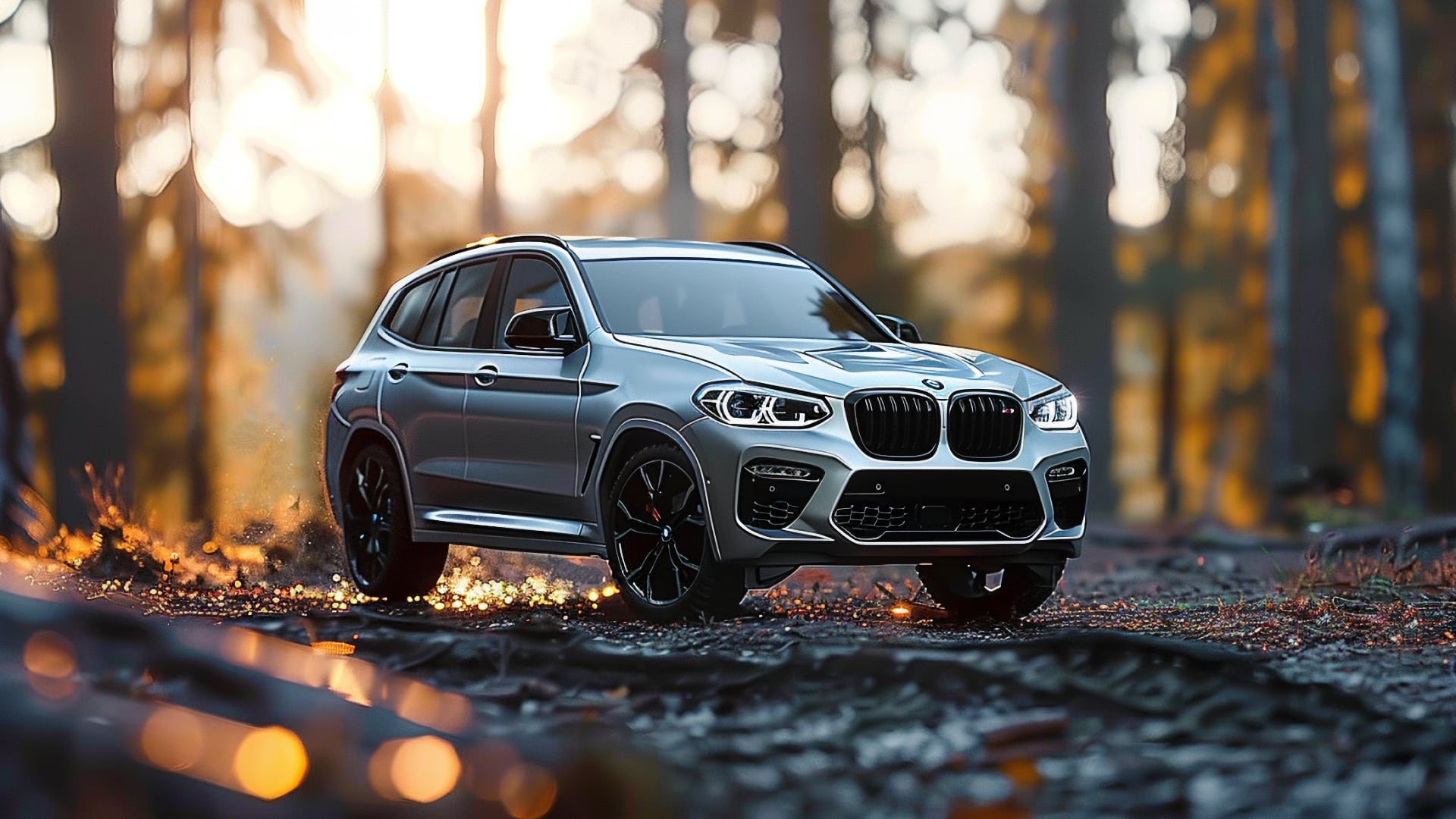 The BMW X3 is cruising through the woods.