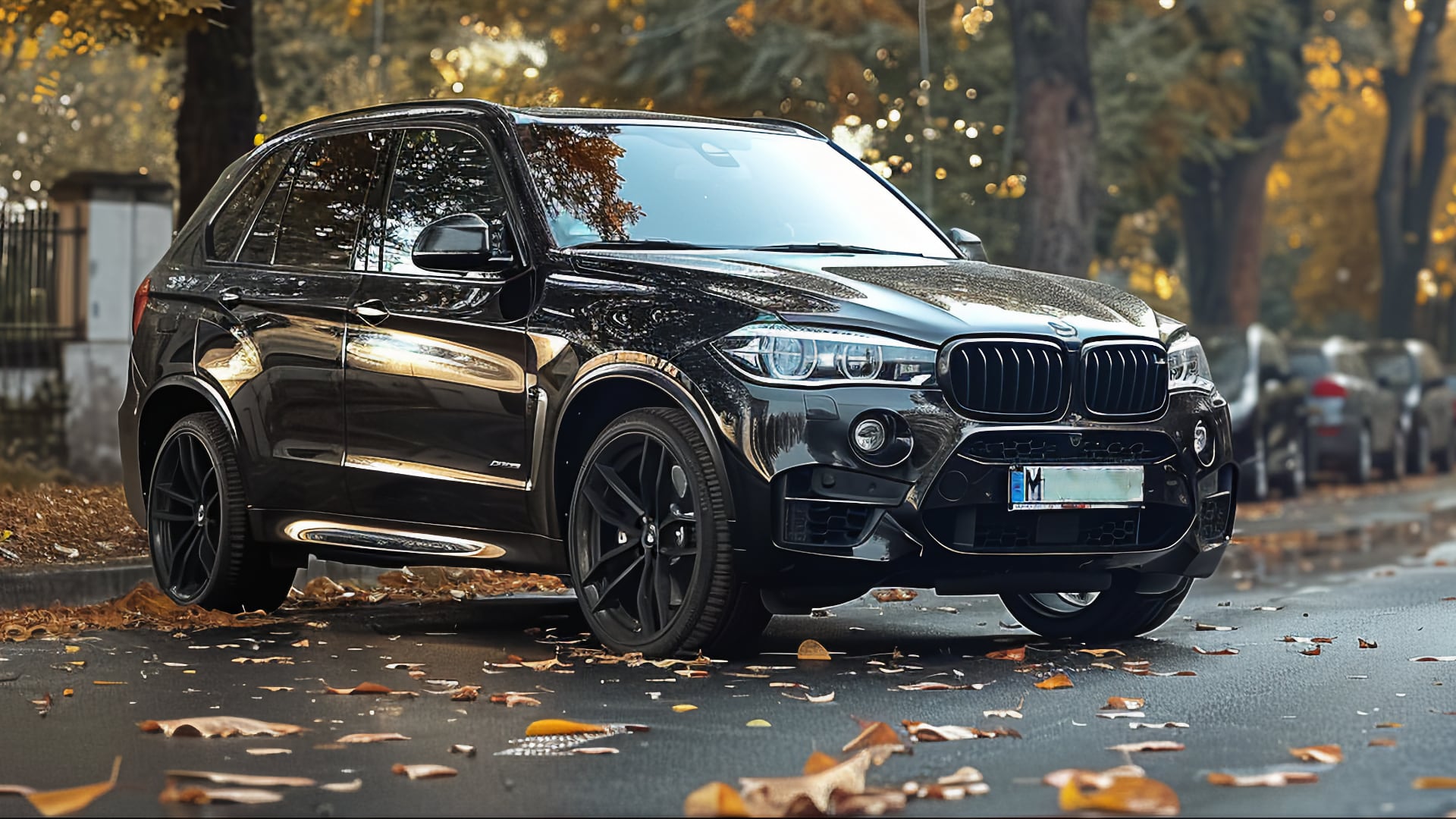 A black BMW X5, from one of the years to avoid, is parked on a street with leaves.