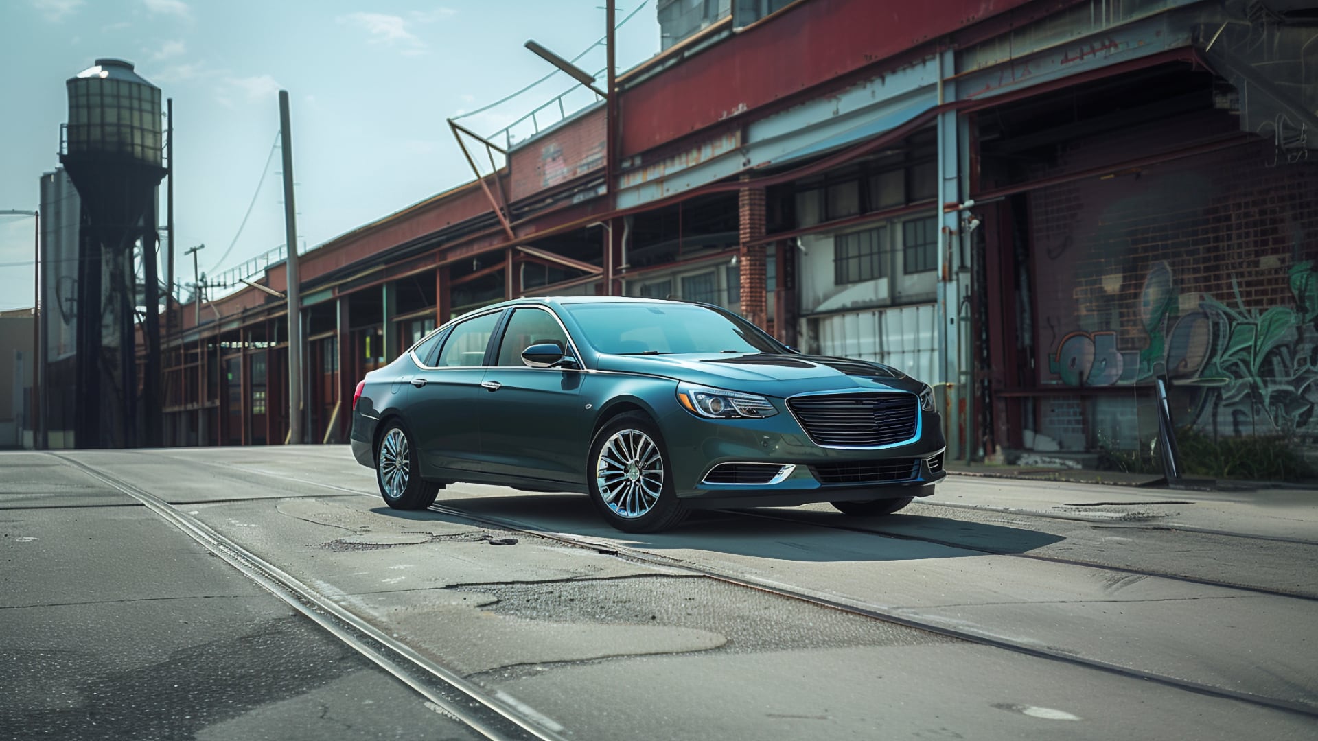 The 2018 Buick Regal is parked in front of an industrial building.