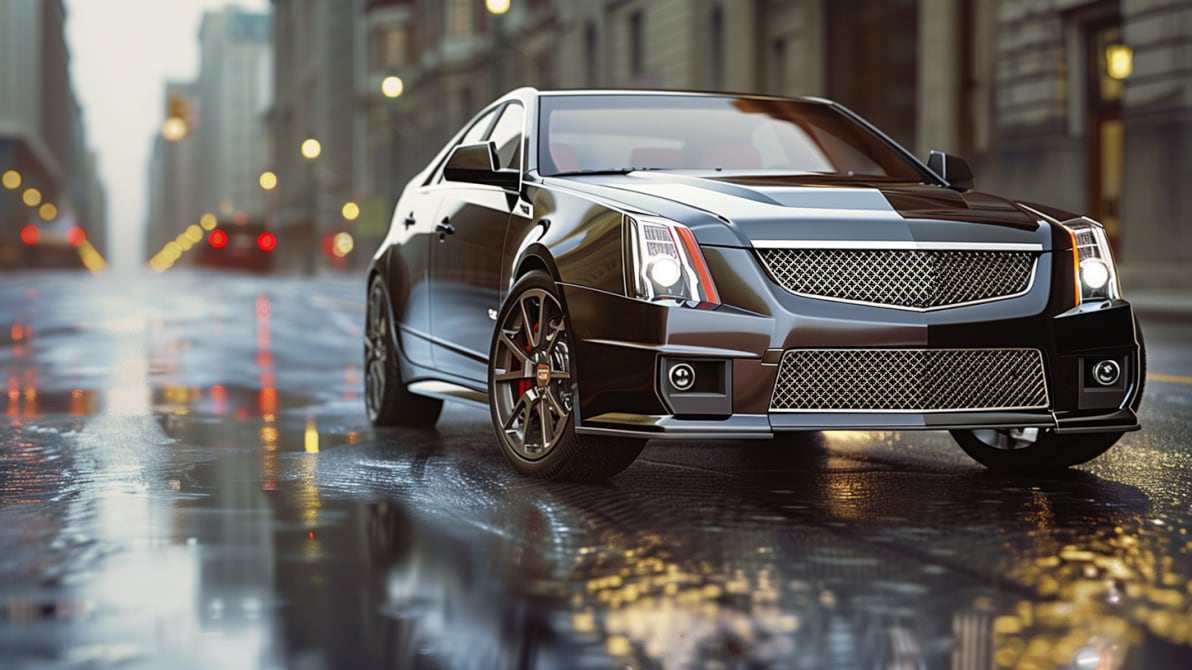 A black Cadillac CTS parked on a wet street.