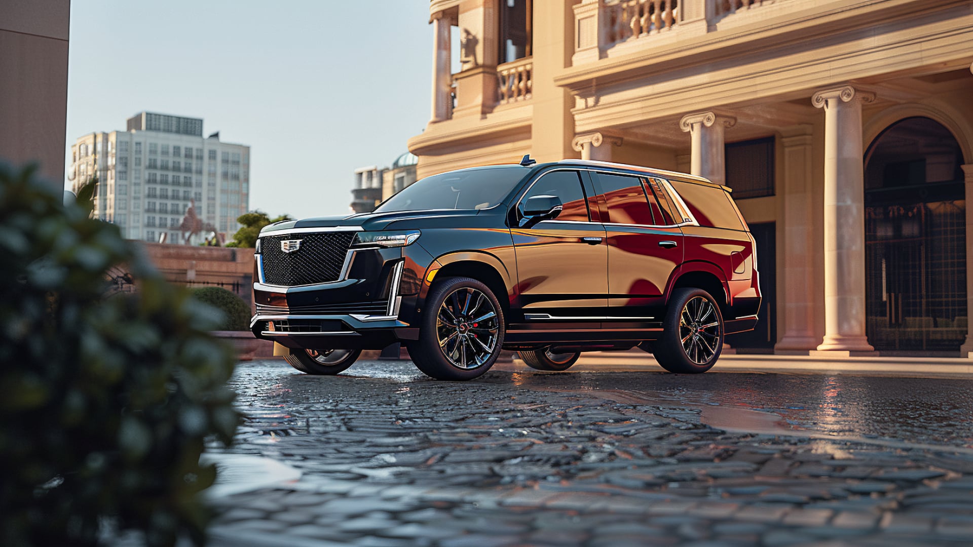 The 2020 Cadillac Escalade, a year to avoid, is parked in front of a building.