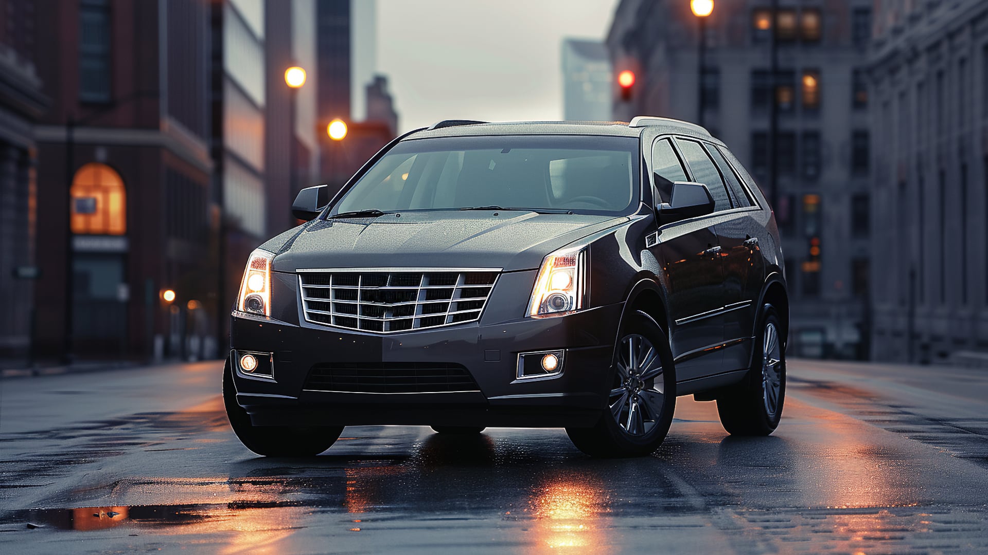 The Cadillac Escalade is cruising through the city streets at night.