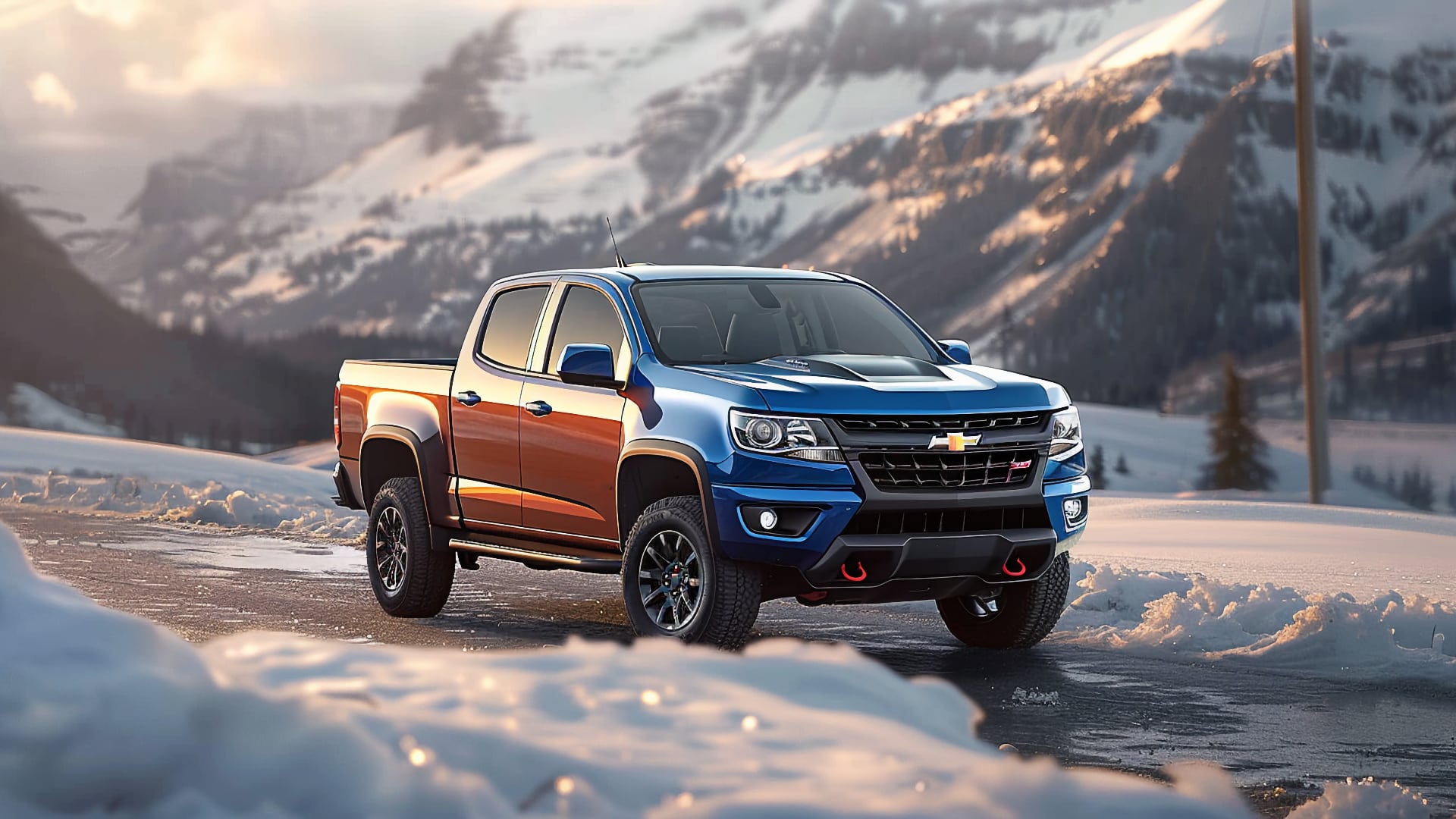The 2019 Chevrolet Colorado is cruising down a snowy road.