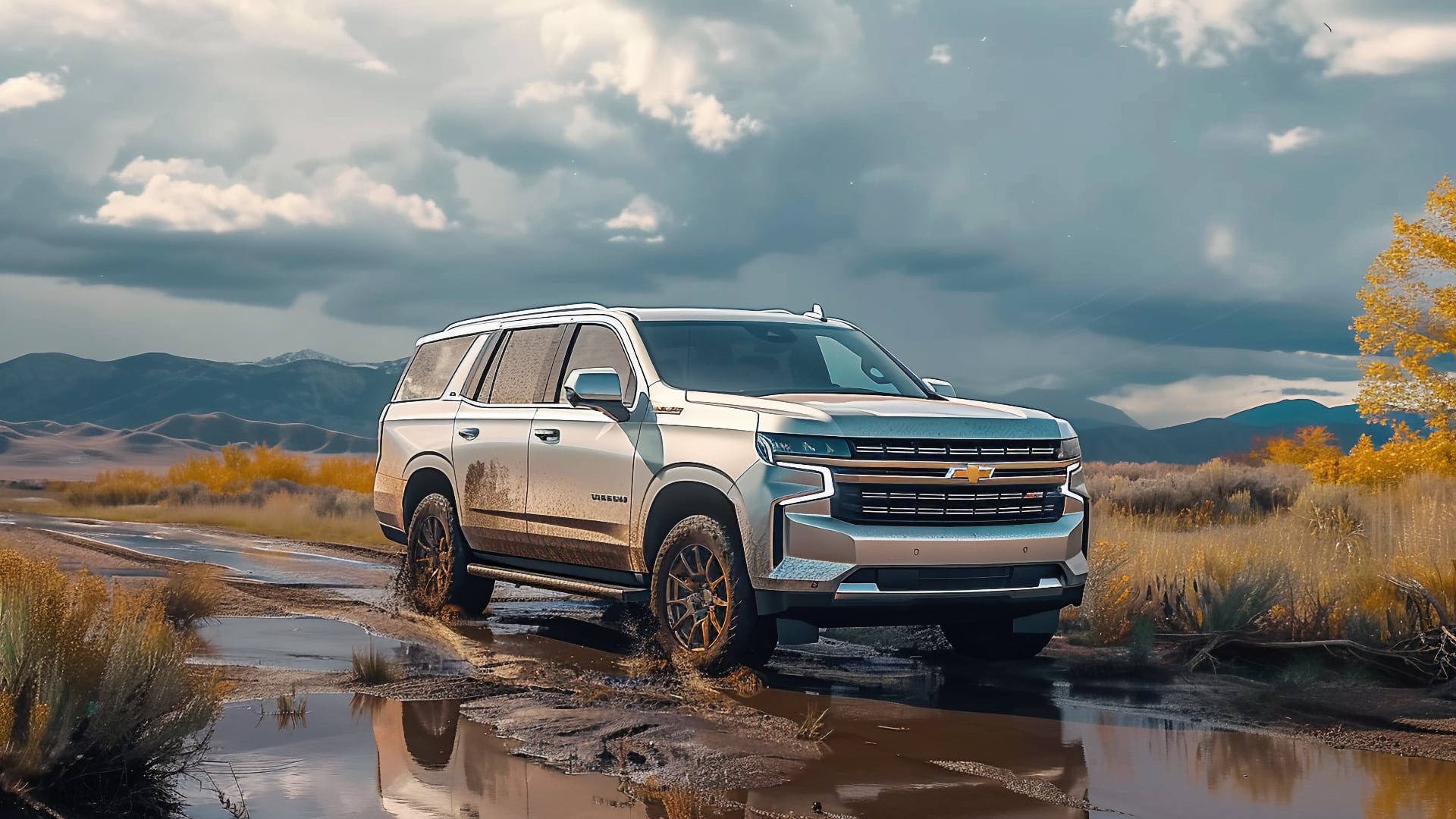 The 2020 Chevrolet Tahoe, one of the exceptional Chevy Tahoe years to avoid, fearlessly maneuvers through a treacherous muddy field.
