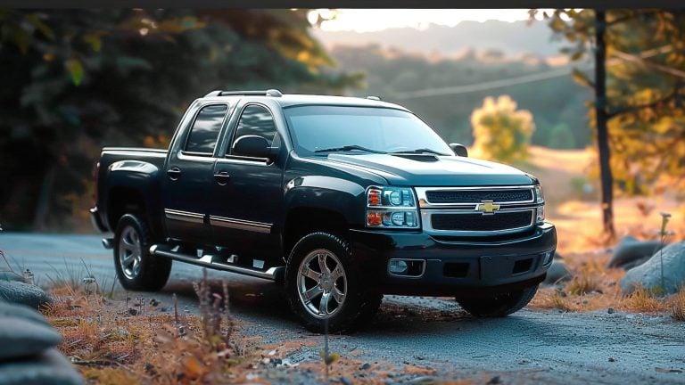 A black Chevy Avalanche parked on a road.