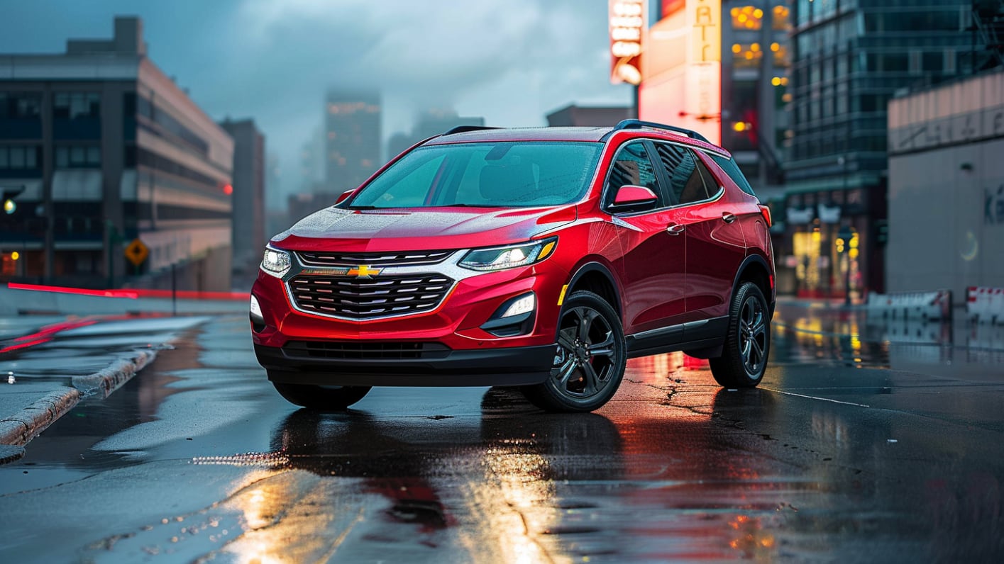 The red 2019 Chevy Equinox is driving down a city street at night.
