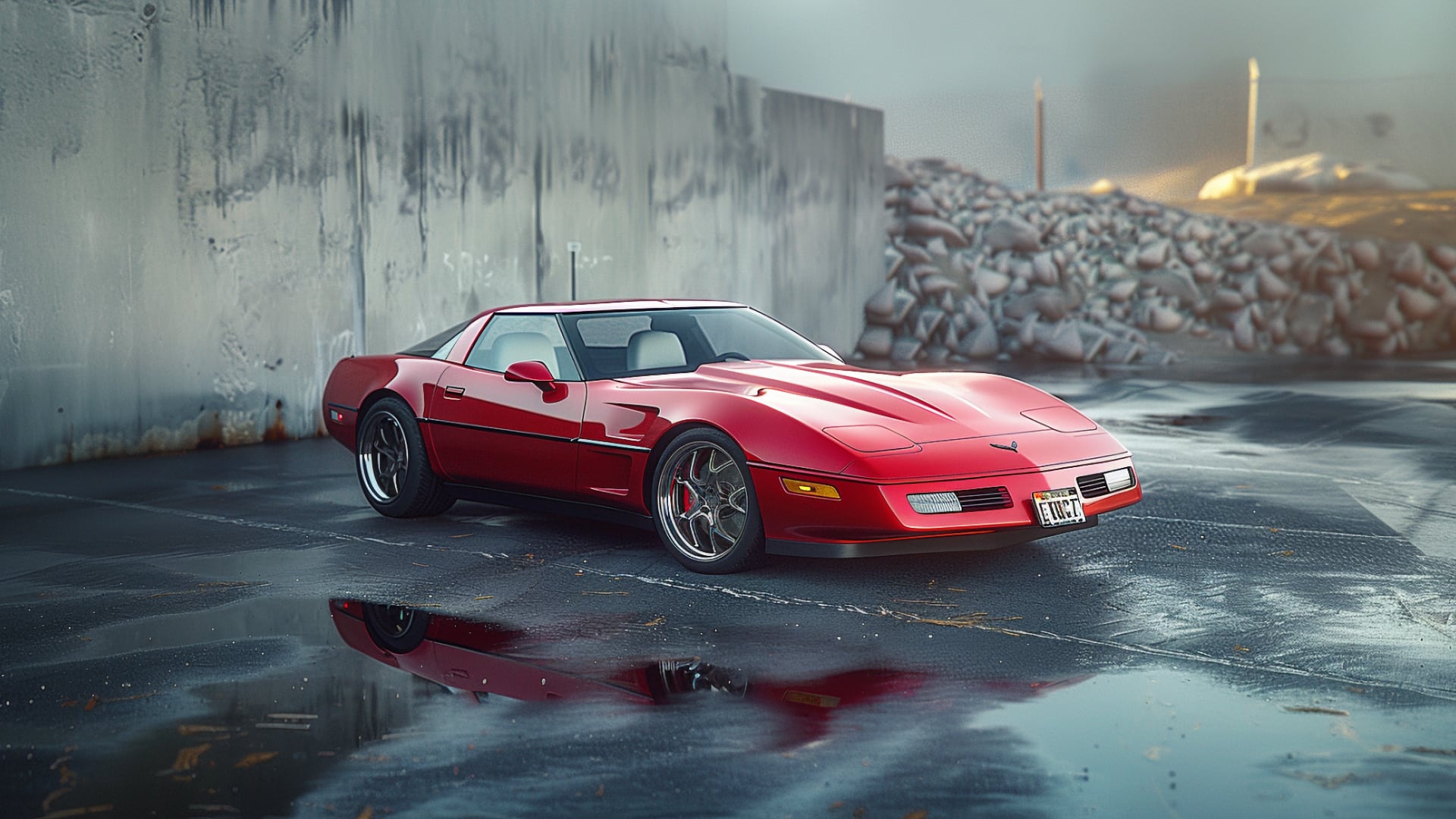 A red Chevrolet Corvette C4 parked in front of a building.