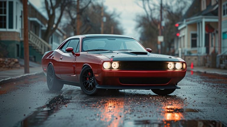 A red Dodge Charger navigating a wet road.