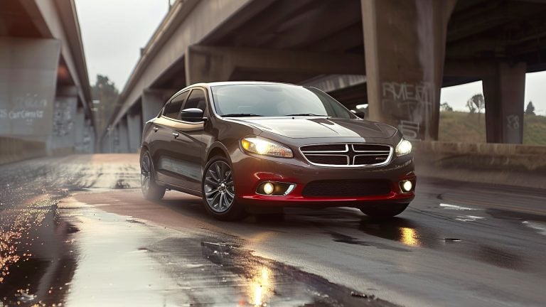 The 2018 Dodge Dart is driving on a wet road.