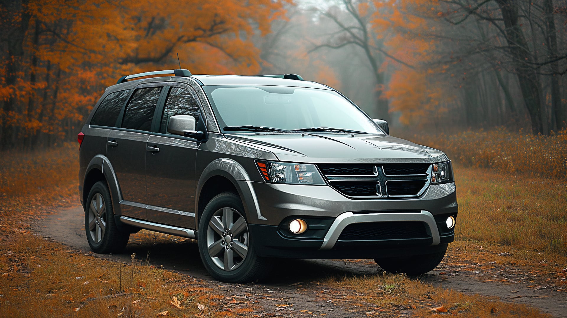A gray Dodge Journey, one of the years to avoid, driving down a dirt road.