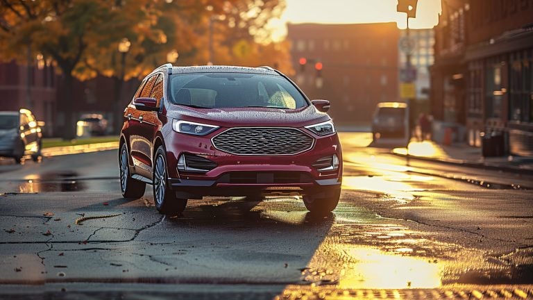 A red Ford Edge parked on a city street.