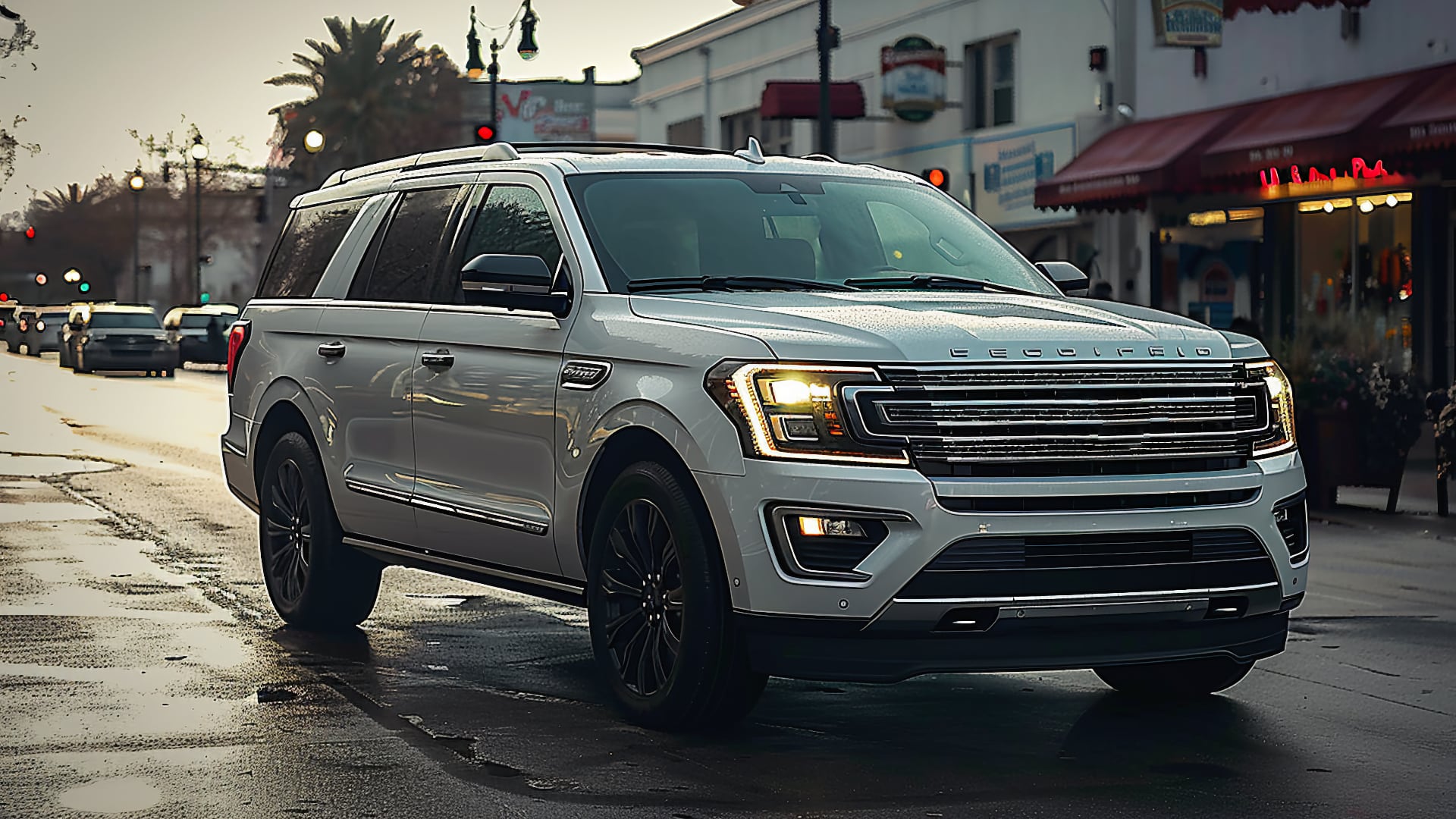 A white 2019 Ford Expedition is driving down a city street.