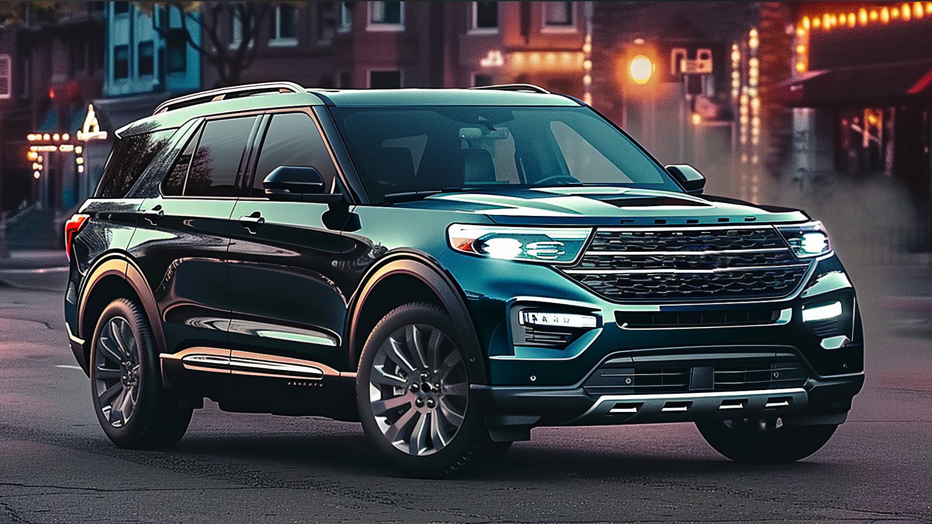 The 2020 Ford Explorer, a model from the years to avoid, is driving down the street at night.