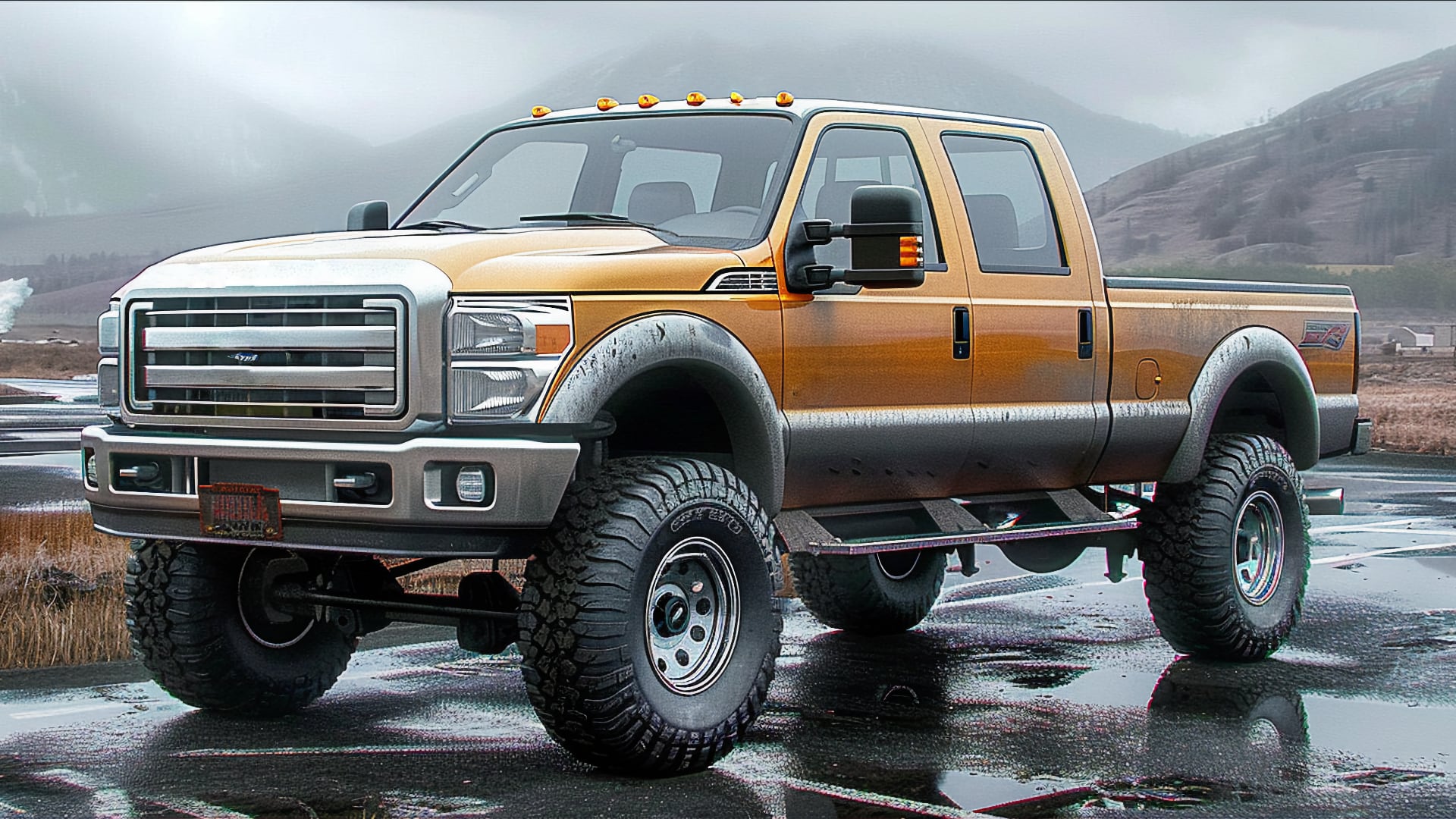An older Ford F-250 super duty truck is parked in a parking lot.
