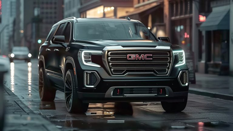 A black 2020 GMC Yukon parked on a city street.